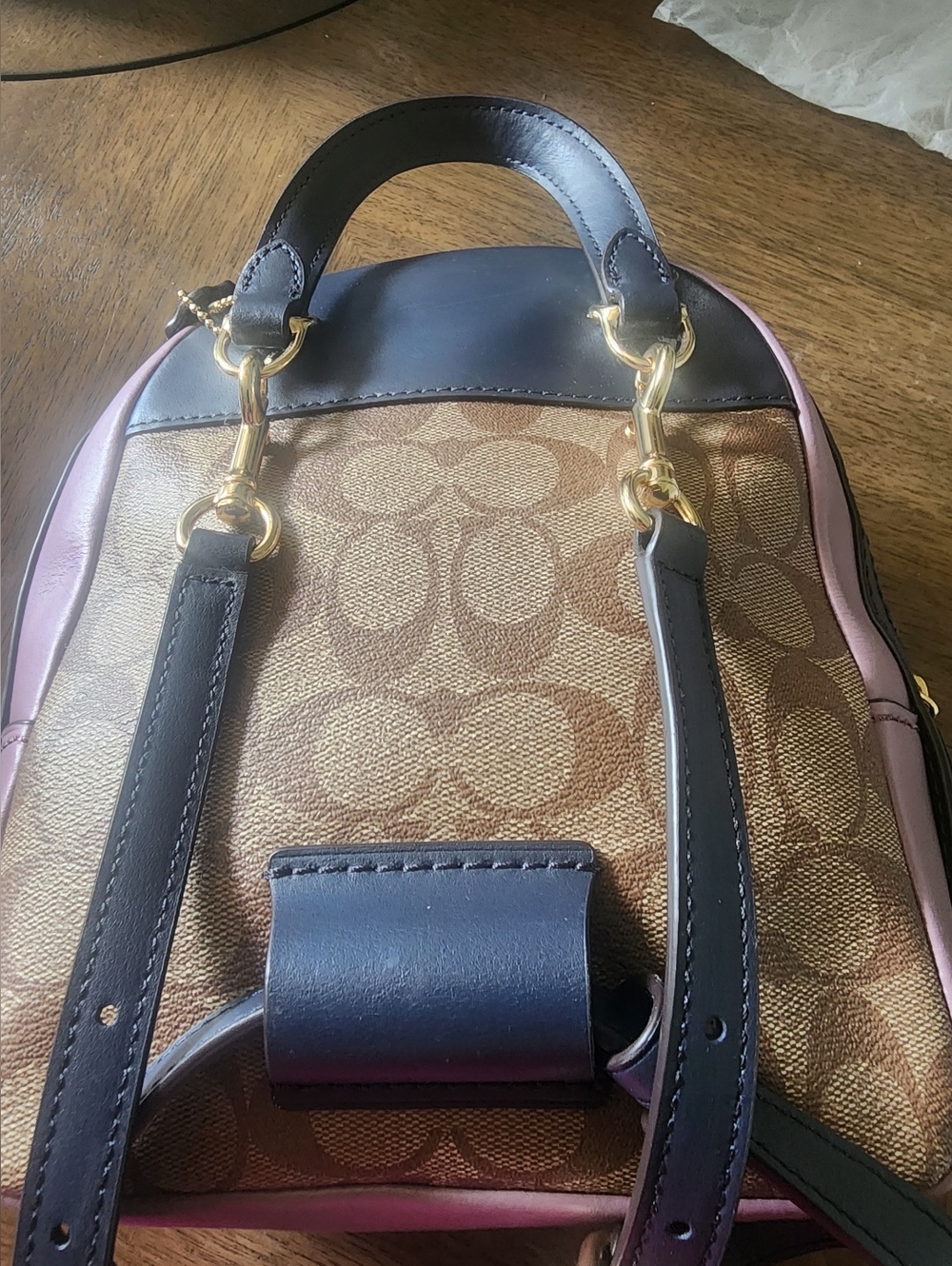 NWOT Coach Brown Signature Canvas Mini Backpack with Pink Trim & Navy Accents - Picture 5 of 8